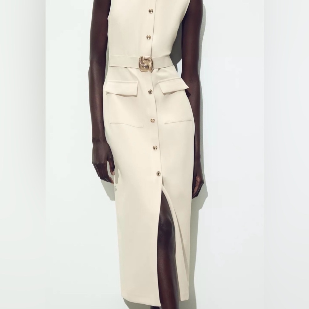 Zara NWT Elegant Cream Sleeveless Belted Midi Dress with Gold Details (Medium) - Picture 13 of 16